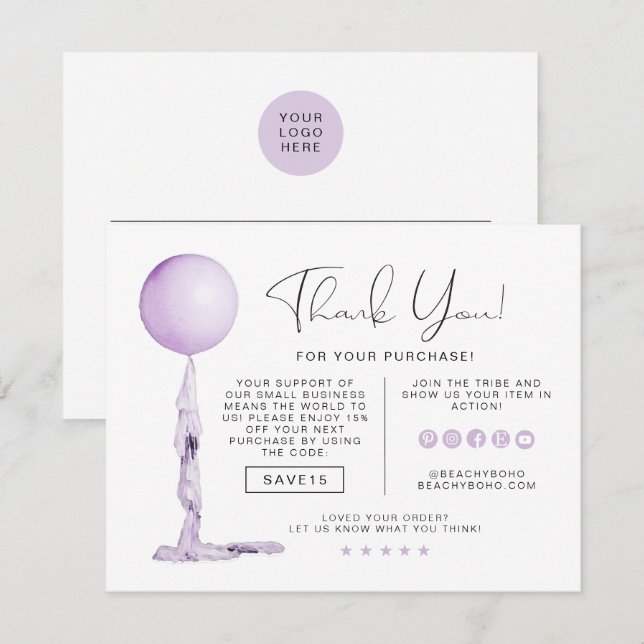 STELLA Lila Party Balloon Business Tack Inv Inbjudningar (Fram/baksida)