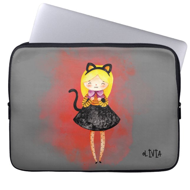 Stellalunarts Cute Girl Halloween Cat Laptop Fodral (Framsidan)