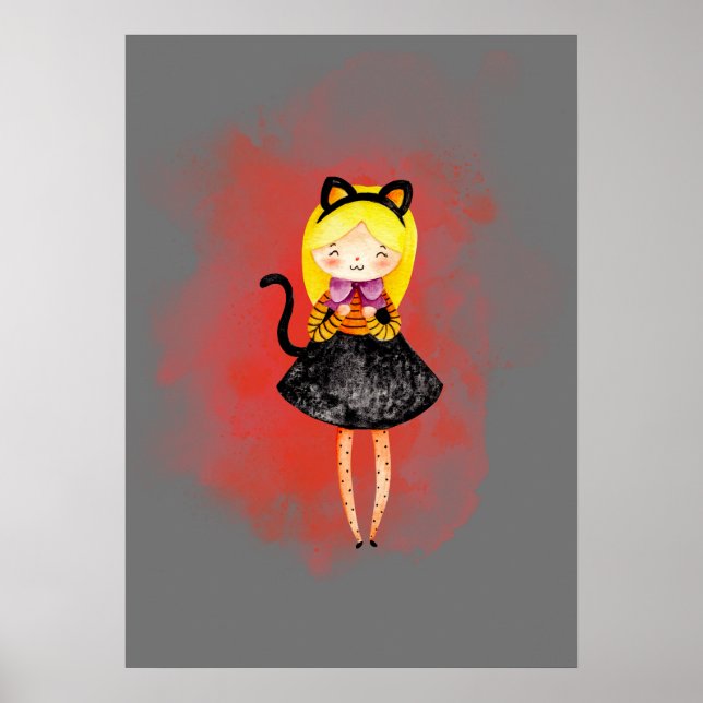Stellalunarts Cute Girl Halloween Cat Poster (Framsidan)