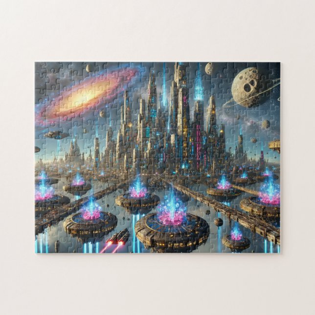 Stellar Cities Futuristiskt Neonstadslandskap Pussel (Horisontell)