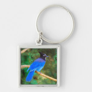 Stellers Jay Painting - Original Bird Art Fyrkantig Silverfärgad Nyckelring