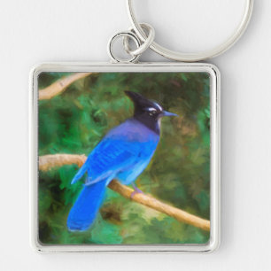 Stellers Jay Painting - Original Bird Art Fyrkantig Silverfärgad Nyckelring