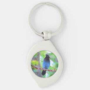 Stellers Jay Painting - Original Bird Art Swirl Silverfärgad Nyckelring