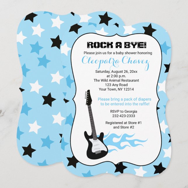 Sten a Adjö Blue Rockstjärna Guitar Baby Shower Inbjudningar (Fram/baksida)