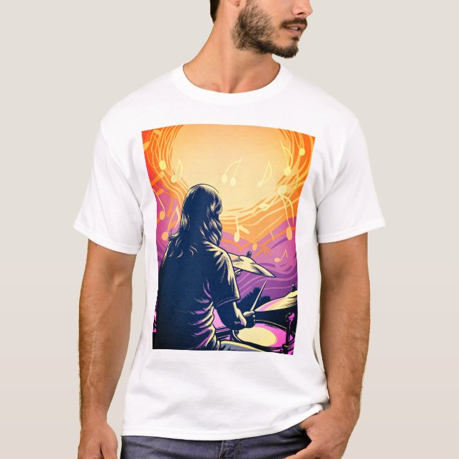 Sten Drummer med Musik noter T Shirt (Framsida)