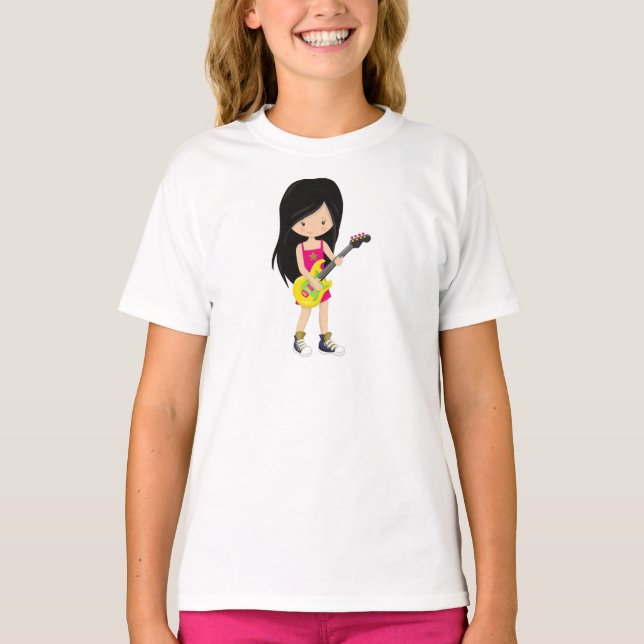 Sten Girl, Black Hair, Band, Music, Guitar Player T Shirt (Framsida)