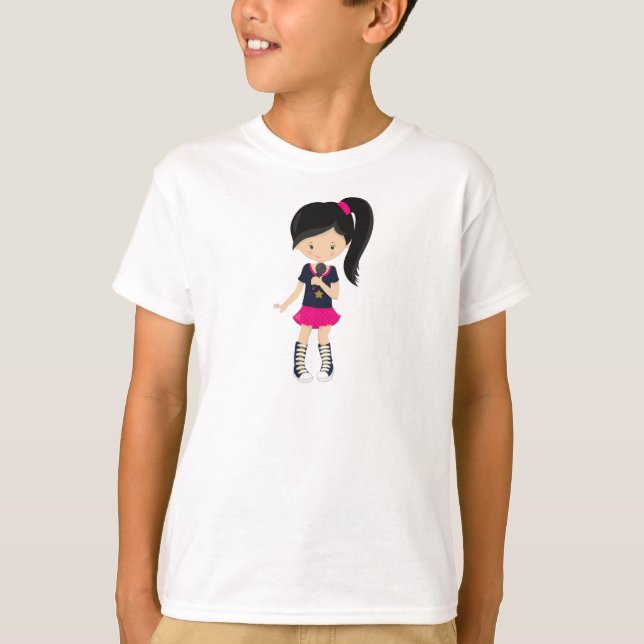 Sten Girl, Black Hair, Microphone, Band Singer T Shirt (Framsida)