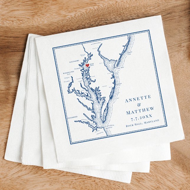 Sten Hall Maryland Karta Elegant Navy Blue Bröllop Pappersservett (Rock Hall Maryland Personalized Napkins for an elegant navy blue wedding from Coastal Map Designs)