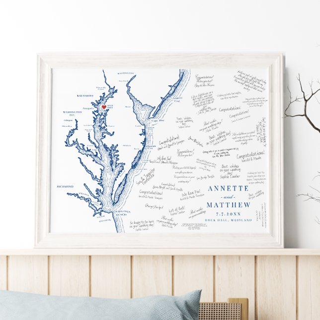 Sten Hall MD Bröllop Elegant Karta Guest Bok Poste Poster (Elegant Rock Hall Maryland Alternative Guest Book Poster with navy blue Chesapeake Bay map)