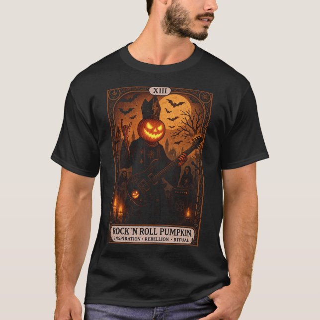 Sten 'N Roll Pumpkin Tarot Card Manar's T-Shirt (Framsida)