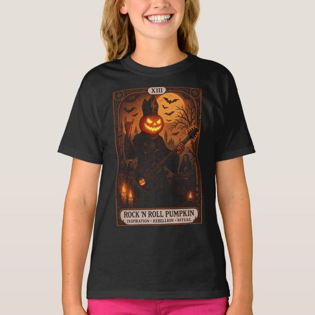 Sten 'N Roll Pumpkin Tarot Card Youth T-Shirt (Framsida)