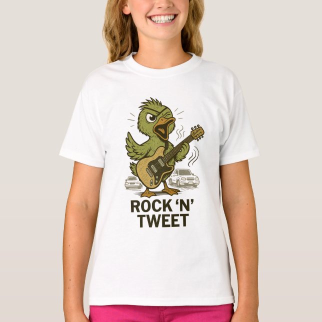 "Sten 'n' Tweet" - Rockstar Bird T Shirt (Framsida)