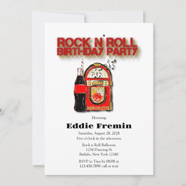 Sten n'Roll Jukebox Födelsedagsfest Inbjudningar (Framsida)