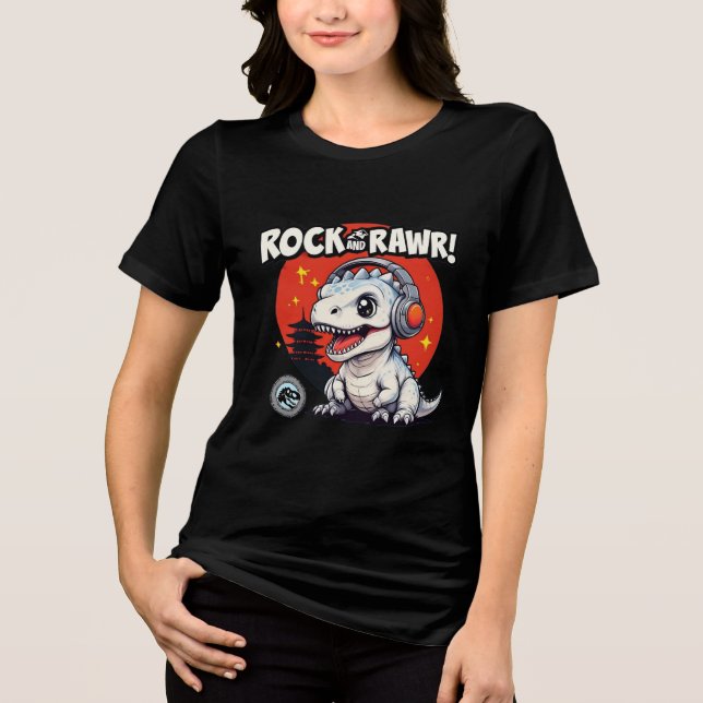 Sten och Rawr! Cute Dinosaur med hörlurar Retro T Shirt (Framsida)