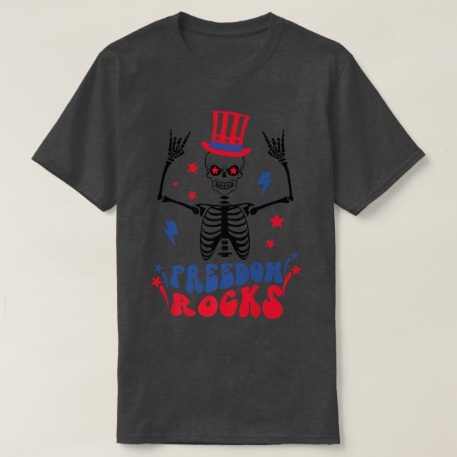 Sten på Rockstjärna Skeleton Händer 4 juli Freed T Shirt (Design framsida)