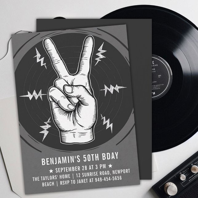 Sten Party Fredstecken BW Vuxen Modern Roligt föde Inbjudningar (music musician rock adult birthday party invitation men modern black white peace sign drawing)