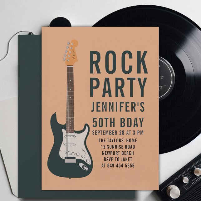 Sten Party Guitar Peach-Vuxen Modern Roligt Bird Inbjudningar (music musician rock adult birthday party invitation women modern fun black electric guitar peach)