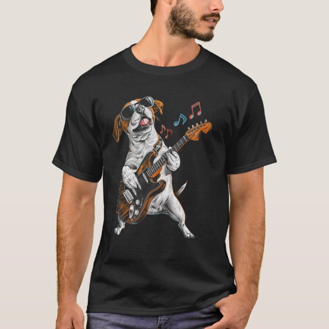 Sten-pekaren Hund spelar Guitar Funny Guitar Point T Shirt (Framsida)