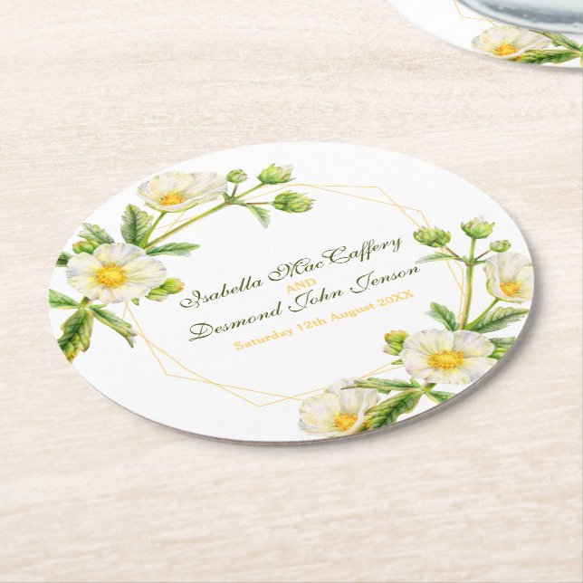 Sten ro vattenfärgsvit grönt botanica bröllop underlägg papper rund (Vinklad)