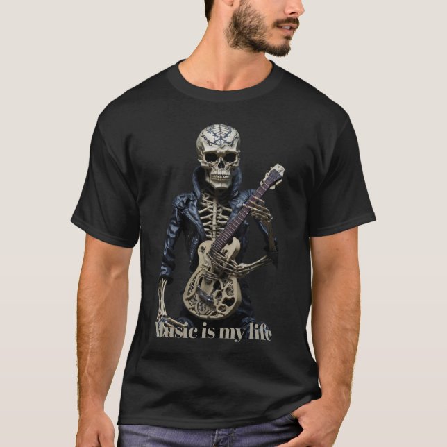 Sten & Roll Skeleton Guitar Music Älskare Gift T Shirt (Framsida)