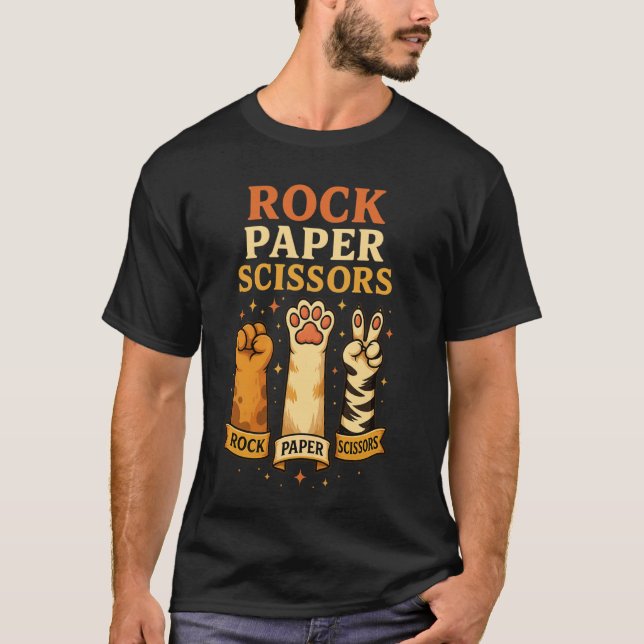 Sten Sax Papper Kattklor Spel Rollig Djurkonst T Shirt (Framsida)