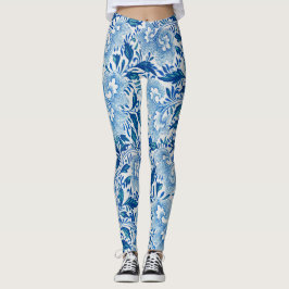 Stenande blå och vit Blommigt asiatiskt utseende Leggings