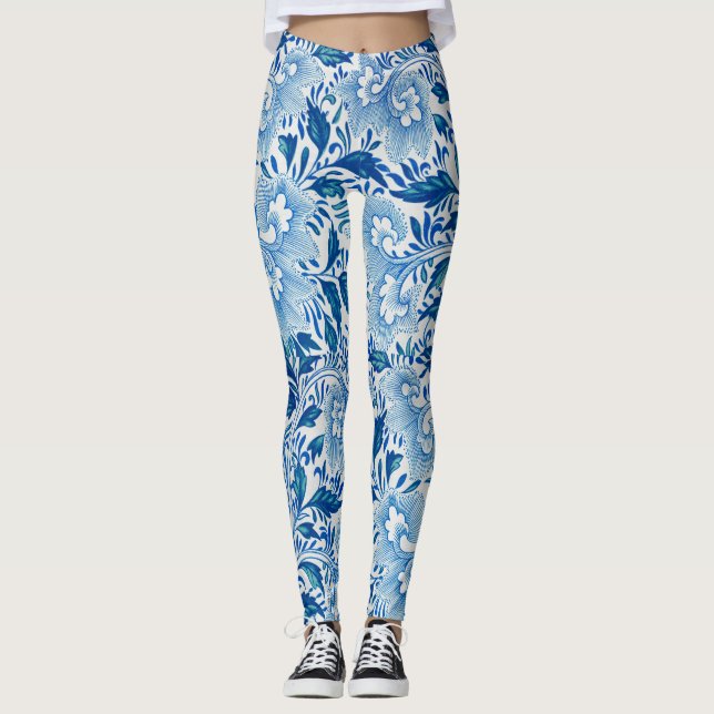 Stenande blå och vit Blommigt asiatiskt utseende Leggings (Framsida)