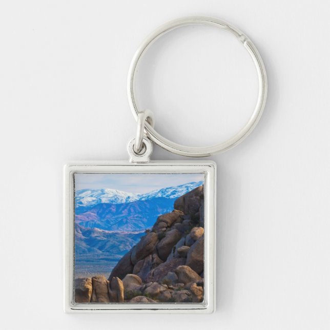 Stenblock och berg fyrkantig silverfärgad nyckelring (Framsidan)