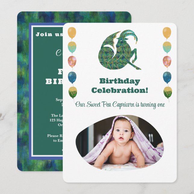 Stenbocken 1-års födelsedagsfoto Impressionistisk  Inbjudningar (Fram/baksida)