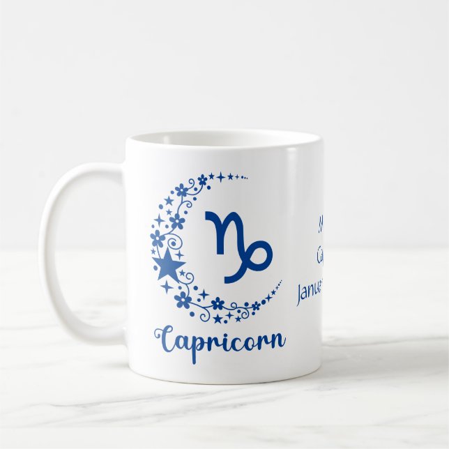 Stenbocken Zodiac Astrologi Födelsedag Blå Vit Kaffemugg (Vänster)