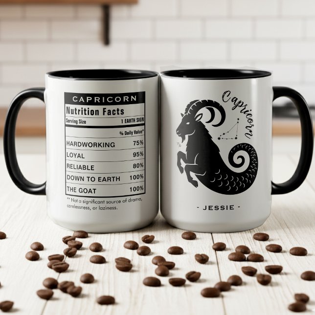 Stenbocken Zodiakstecken Astrologi Näringsfakta Mugg (Capricorn Zodiac Earth Sign Astrology Nutrition Facts Label Accent Mug)