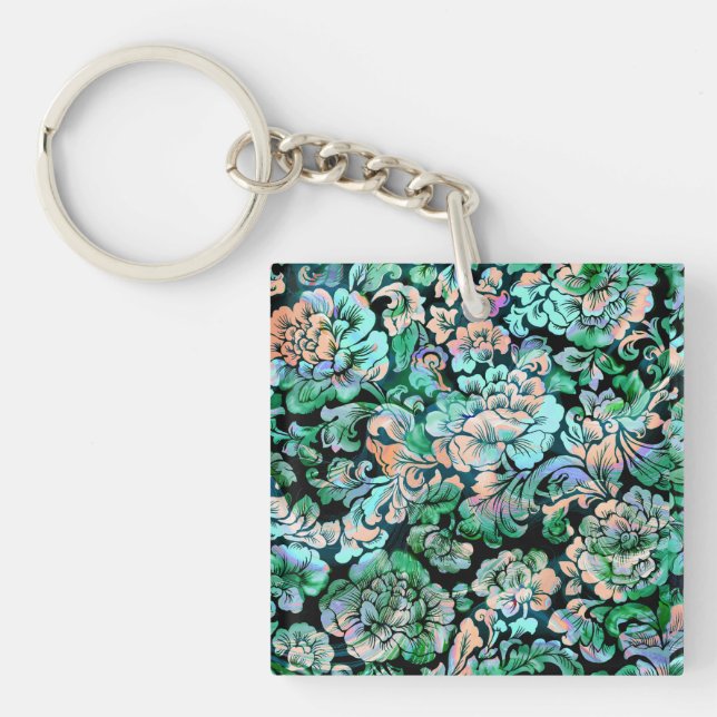 Stencil-Blommigt i Grönt och persika (Framsidan)