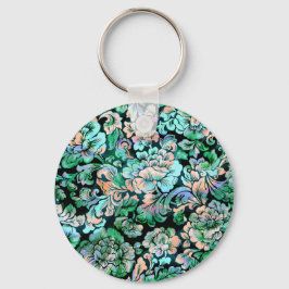Stencil-Blommigt i Grönt och persika Nyckelring