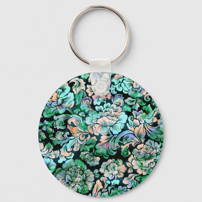 Stencil-Blommigt i Grönt och persika Nyckelring (Framsida)
