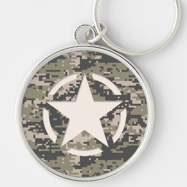 Stencil Märkre Decal Stil Khaki Camouflage Rund Silverfärgad Nyckelring (Framsidan)