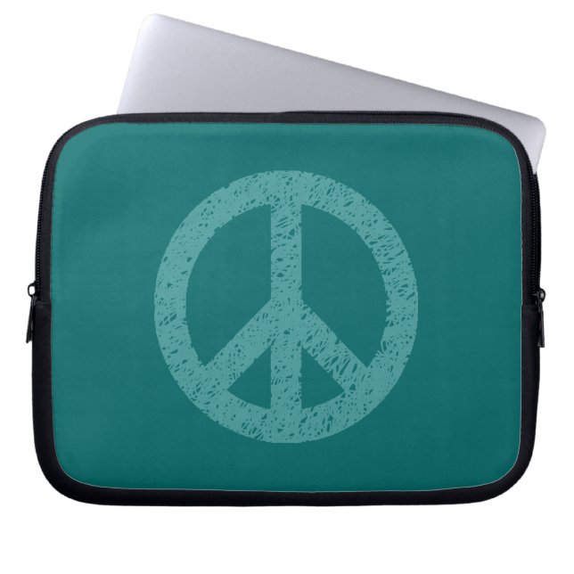 Stenciled Peace Symbol - Ocean Grn on Teal Laptop Sleeve (Framsidan)