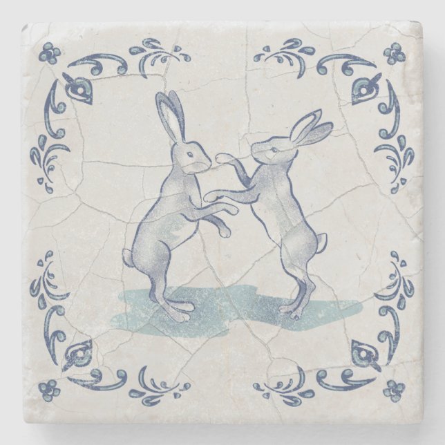 Stencoaster Delft Boxande Kaniner Stenunderlägg (Framsidan)