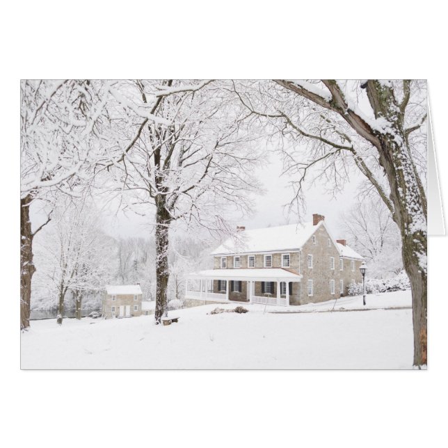 Stenherrgård och stillbildhus i snö hälsningskort (Framsidan Horizontal)