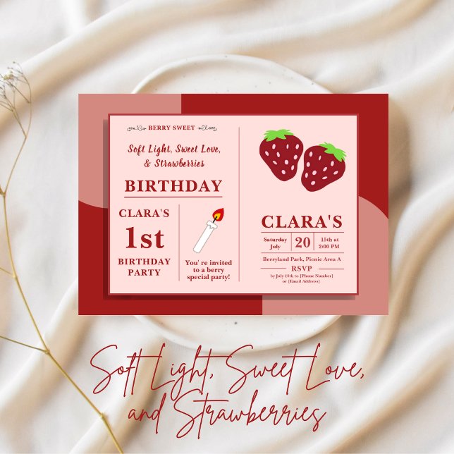 Stenljus och jordgubbar 1:a födelsedag Rosa och rö Inbjudningar (Candle and Strawberries 1st Birthday Pink & Red Invitation
)