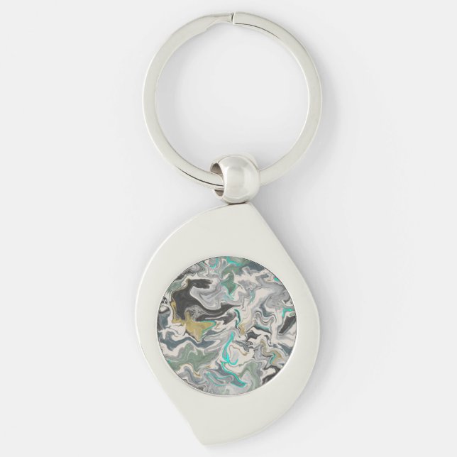 Stenmarmorering med turkos ådring virvel swirl silverfärgad nyckelring (Framsidan)