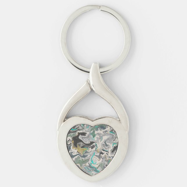 Stenmarmorering med turkosa ådror hjärta twisted heart silverfärgad nyckelring (Framsidan)