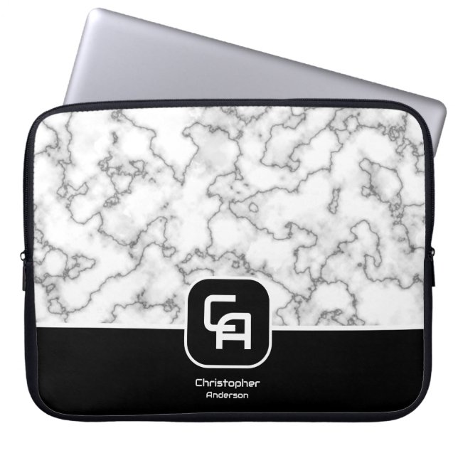 Stenmonogram Svart Vitt Laptop Fodral (Framsidan)
