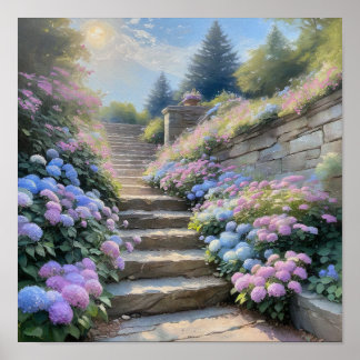 Stenträdgårdstrappa med Hydrangeor Romantisk  Poster