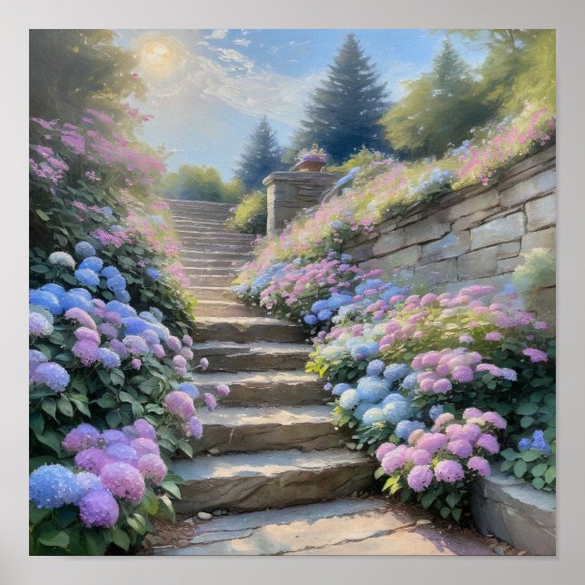 Stenträdgårdstrappa med Hydrangeor Romantisk  Poster (Framsidan)