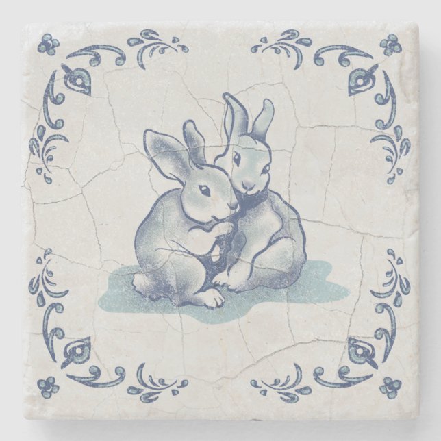 Stenunderlägg Vänliga kaniner Delft-platta (Framsidan)