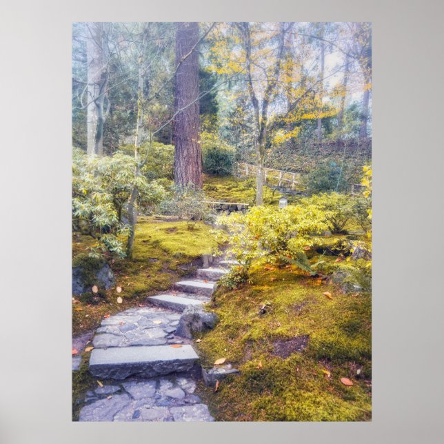 Stenväg i en höstmossig skog poster (Framsidan)
