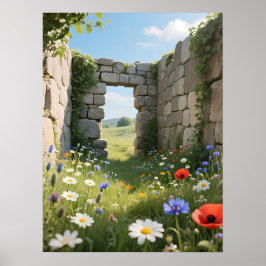 Stenvägg Ruin Äng Blommor Konst Poster