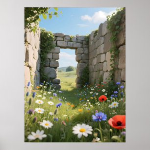 Stenvägg Ruin Äng Blommor Konst Poster