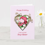 Step Sister Birthday Antique Paated Ro Kort<br><div class="desc">Ett romantiskt födelsedagskort. En målning av ro är framkantad av ett utsmyckat guldhjärta. Ge din fotsyster en födelsedag hälsning med en vacker målning av en bukett av ro.</div>