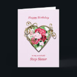 Step Sister Birthday Antique Paated Ro Kort<br><div class="desc">Ett romantiskt födelsedagskort. En målning av ro är framkantad av ett utsmyckat guldhjärta. Ge din fotsyster en födelsedag hälsning med en vacker målning av en bukett av ro.</div>